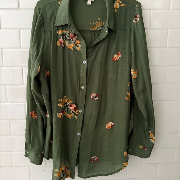 Anthro Fig & Flower Embroidered Green Blouse - Picture 1 of 4